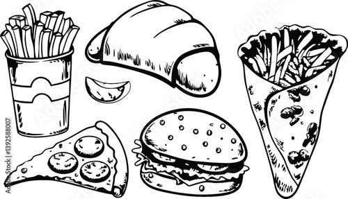 Fast Food Feast Burger, Pizza, Fries, Croissant, and Wrap