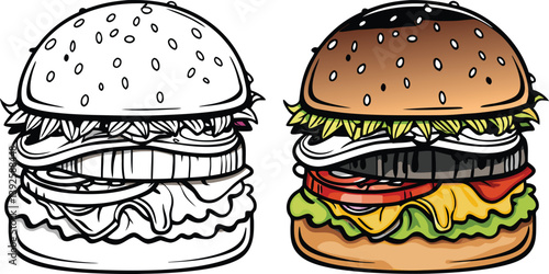 Delicious Juicy Burger Line Art and Color Illustration