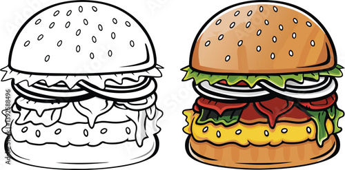 Delicious Burger Illustration Coloring Page and Colorful Version