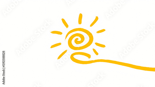Minimal sun illustration with spiral design in yellow brush strokes on white background.