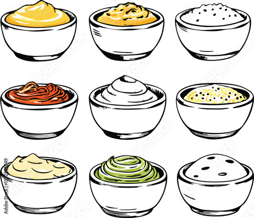 Nine Delicious Dips Sauces, Spreads, and Condiments in Bowls