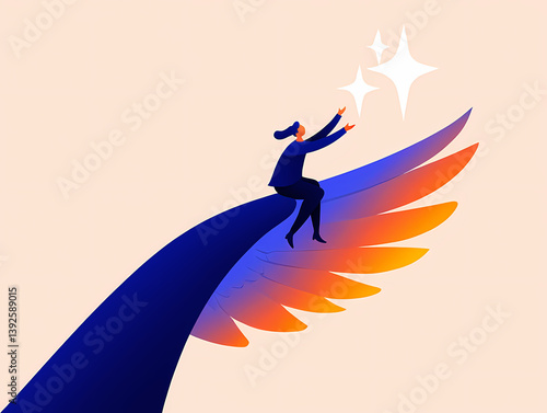 Conceptual illustration of a woman flying on a large colorful wing reaching for glowing stars, symbolizing ambition and dreams.
