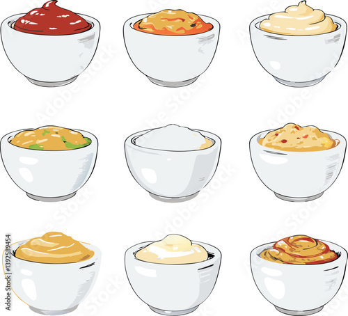 Nine Delicious Dipping Sauces in Small White Bowls