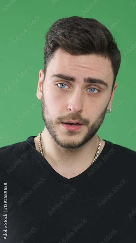 Portrait of a reflective and stern man gazing intently at the camera on a green background. Formal, assured and serious expression. Vertical video. Portrait of a reflective and stern man gazing intently at the camera on a green background. Formal, assured and serious expression. Vertical video.