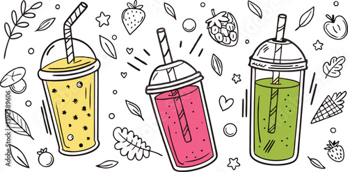 Refreshing Fruit Smoothies Yellow, Pink, Green Drinks