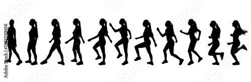 Woman athlete is running, from walking to sprinting, sequence of running poses, set of silhouettes. Vector illustration