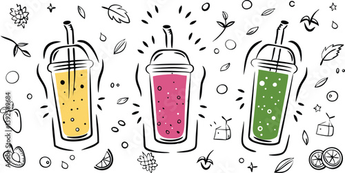 Refreshing Fruit Smoothies Yellow, Pink, Green Drinks