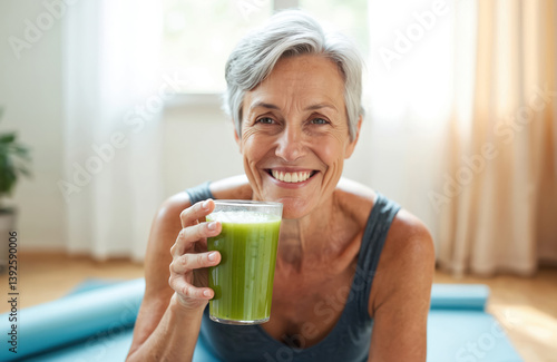Mature woman smiling while drinking juice. Happy senior female enjoys healthy green smoothie on exercise mat. Active, healthy lifestyle, positive ageing concept. Drink, wellness.