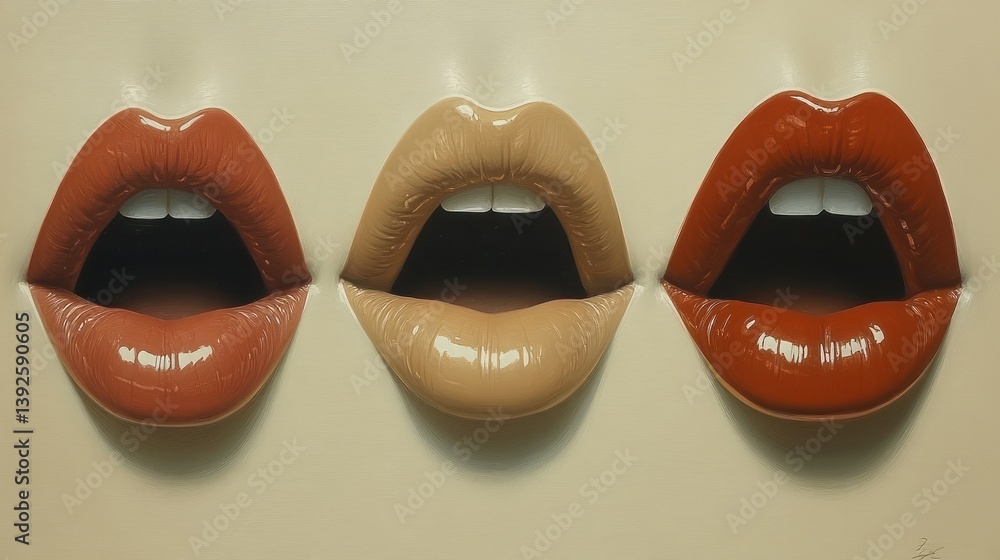 Fototapeta premium Three open mouths with different lip colors on beige background