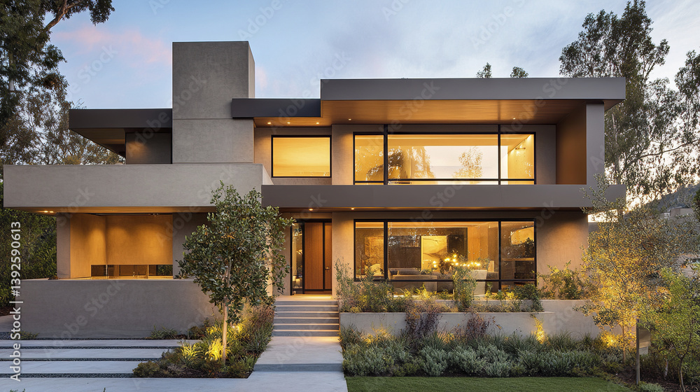 Fototapeta premium Modern home with warm facade and large windows, surrounded by greenery