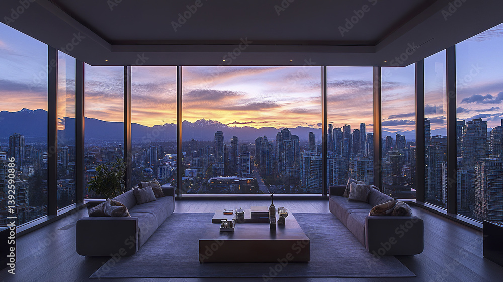 Fototapeta premium Luxurious penthouse with panoramic city views at sunset, featuring modern decor