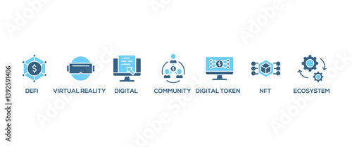 Metaverse banner web icon vector illustration concept with icon of defi, virtual reality, digital asset, community, digital token, nft, blockchain and ecosystem