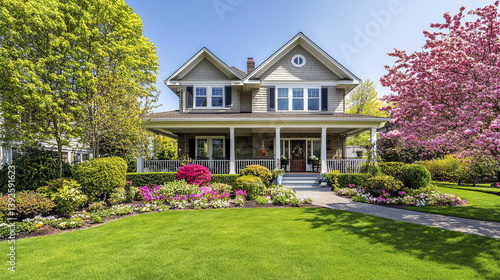 Wallpaper Mural beautiful suburban home with lush front yard and vibrant flowers Torontodigital.ca
