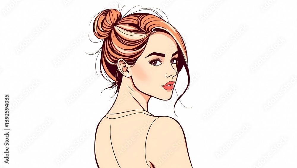 Illustration of a woman with a bun hairstyle looking over her shoulder art Illustration of a woman with a bun hairstyle looking over her shoulder art