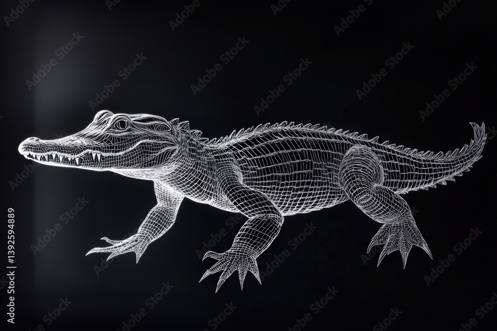 Naklejka premium Alligator Illustration On Black. A detailed illustration of an alligator is depicted in crisp white lines against a solid black background.