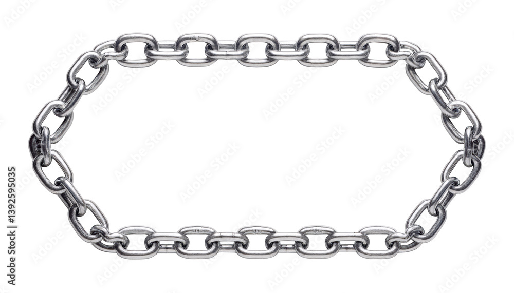 A chain is shown in a white background. The chain is silver and is long. The chain is not connected to anything A chain is shown in a white background. The chain is silver and is long. The chain is not connected to anything