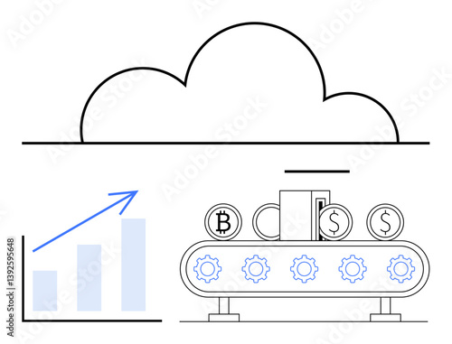 Cloud storing data, gear conveyor processing currencies thumbs up bitcoin and dollar, upward chart growth. Ideal for fintech, cloud computing, automation, data analysis, investment, technology