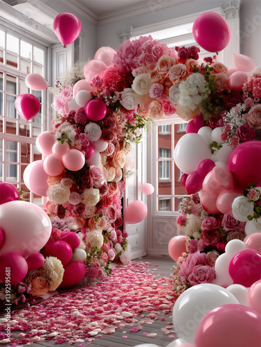 ピンクのバラとバルーンのボリュームあるアーチがある韓国風フォトスタジオ