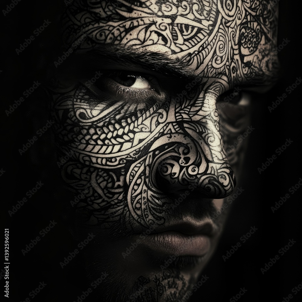 Man's Face with Intricate Tribal Pattern Tattoos in Black and White Man's Face with Intricate Tribal Pattern Tattoos in Black and White