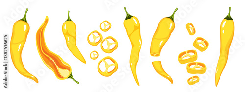 Collection of yellow chili peppers. Hot yellow peppers sliced, whole, halves. Vector illustration.