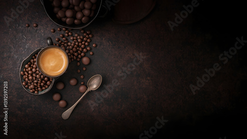 Rustic dark table with chocolate-covered almonds and espresso shot, moody lighting, top view