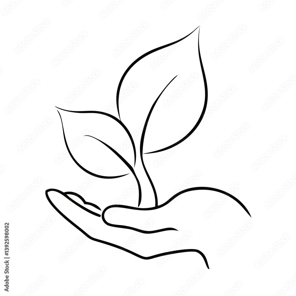 Fototapeta premium Hand holding a sprouting plant in line drawing style