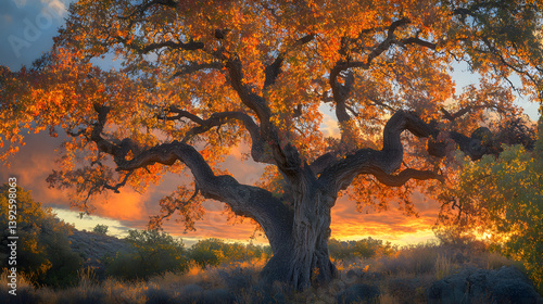 A magnificent oak tree with vibrant autumn foliage, standing tall under a glowing sunset.