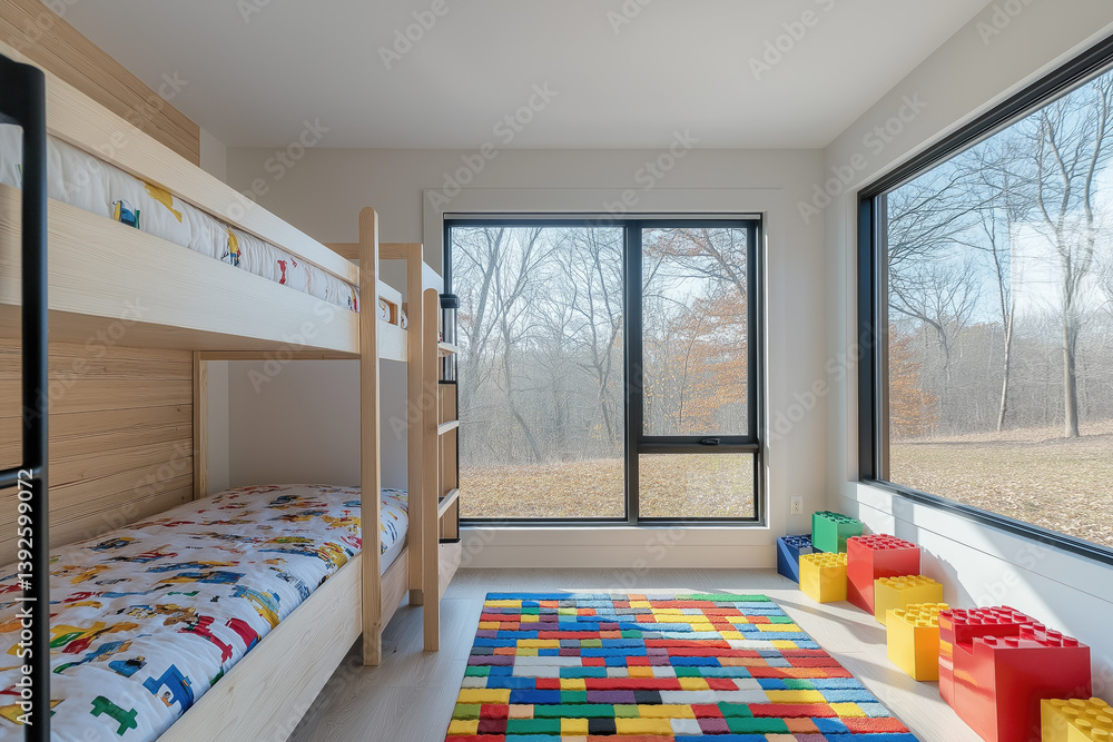 Bright and colorful children's room with a bunk bed and large windows overlooking nature