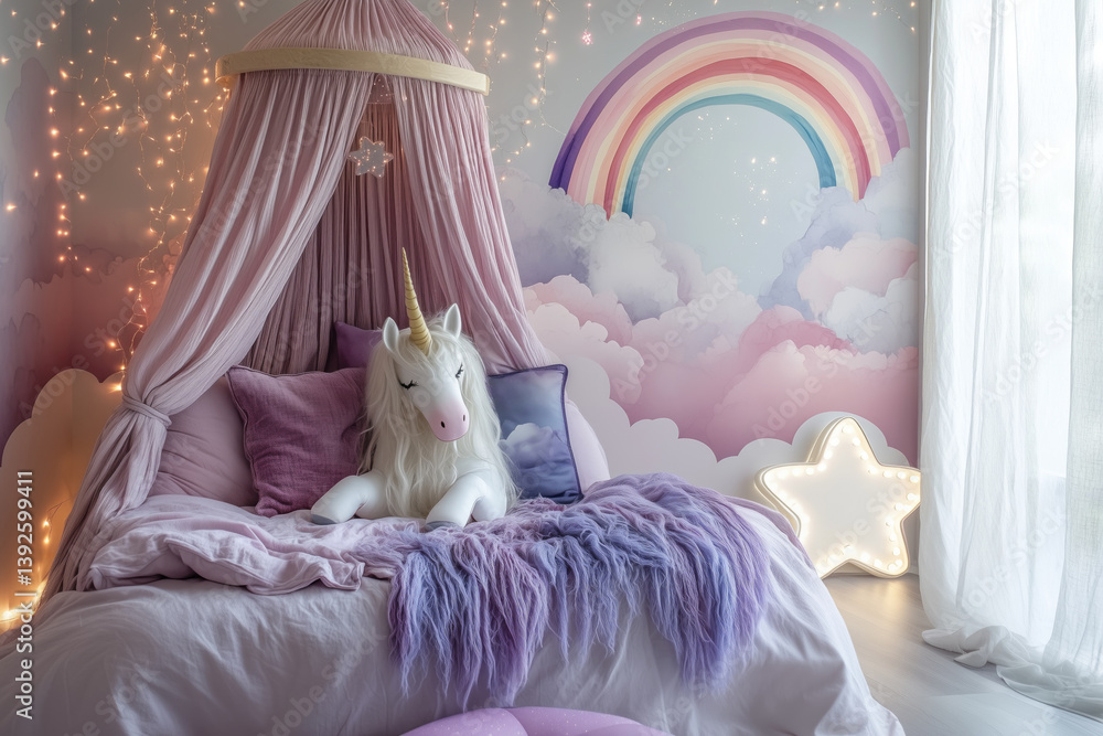 Unicorn themed bedroom with pastel colors and whimsical decorations for children