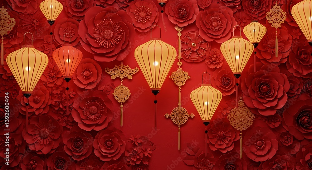 Obraz premium Red Paper Flower & Lantern Festive 3D Render AI Generated