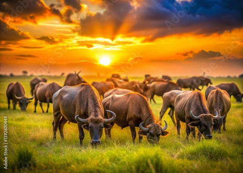 Wallpaper Mural Majestic Buffalo Grazing at Sunset Long Exposure Photography Captures the Serene Beauty of Wildlife in the African Torontodigital.ca