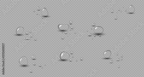 Transparent raindrops dripping down the glass.Realistic texture of wet condensation.Fresh water splash effect on the surface.Spreading liquid drops on transparent background. PNG