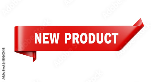 Red ribbon banner with new product text isolated on white background 