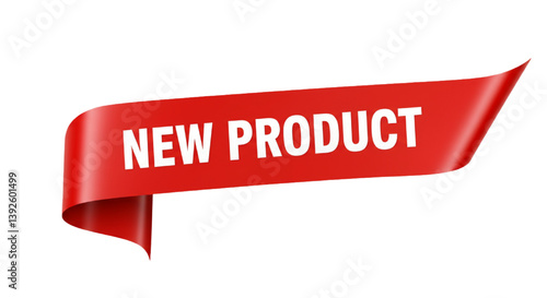 Red ribbon banner with new product text isolated on white background 