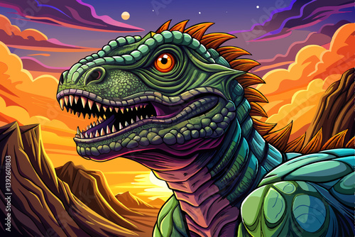 Dinosaur portrait on an alien rock formation desert under a strange colored sky, animal banner