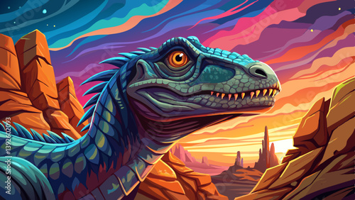 Dinosaur portrait on an alien rock formation desert under a strange colored sky, animal banner