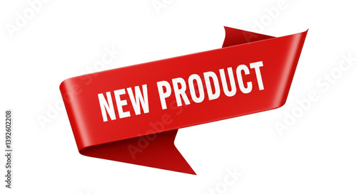 Red ribbon banner with new product text isolated on white background 