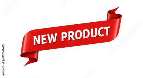 Red ribbon banner with new product text isolated on white background 