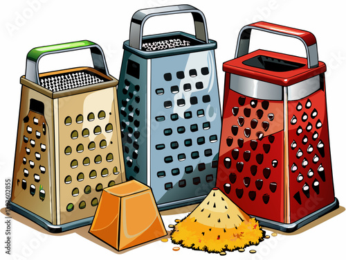 A vector illustration of a stainless steel box grater with four different shredding surfaces, isolated on a white background