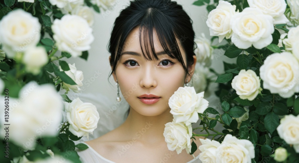 Obraz premium Portrait of a beautiful Asian woman surrounded by white roses