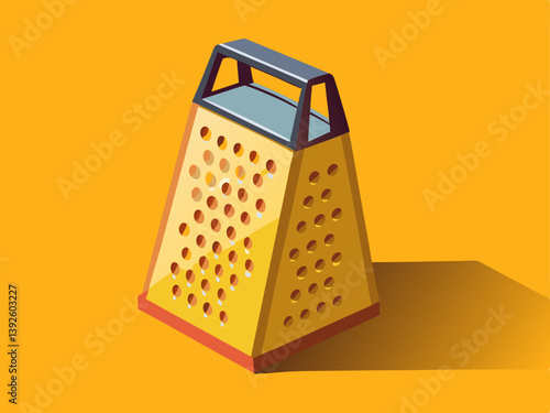 A clean vector of a modern cheese grater with a sleek handle, placed on a solid yellow background