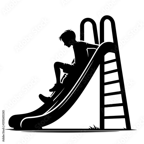 Boy sliding down playground slide silhouette vector
