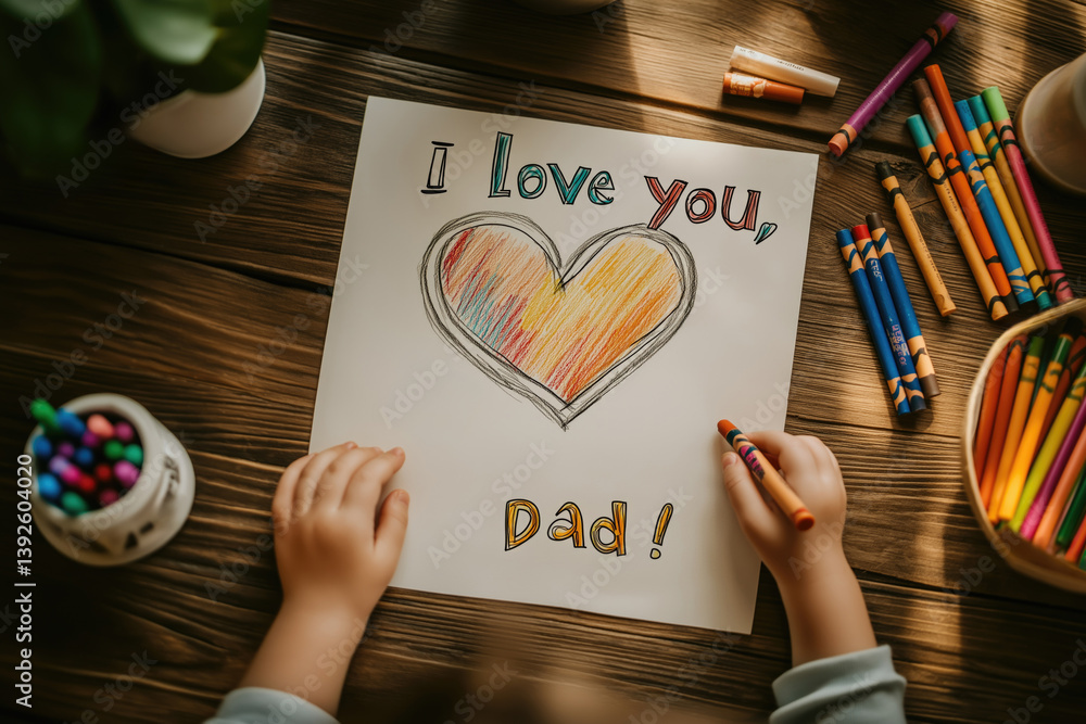 Child joyfully creates a heartfelt drawing for dad