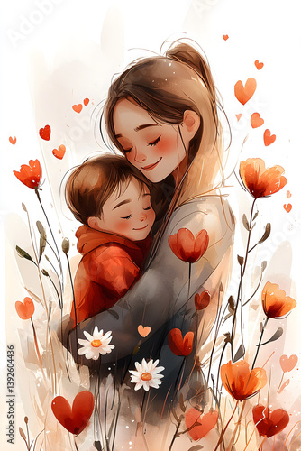Wallpaper Mural Mother's Tender Embrace: A watercolor-style illustration beautifully depicts a mother and child, embracing amidst a floral haven, evoking warmth and affection. Torontodigital.ca
