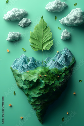 Wallpaper Mural "Eco-Island: An inspiring display showcases a vibrant heart-shaped island, adorned with lush green landscapes and a majestic tree, all under a sky dotted with fluffy clouds. Torontodigital.ca