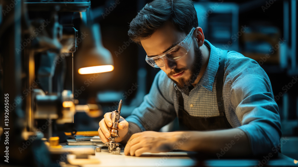 Young mechanic working on engine parts in a well-lit workshop