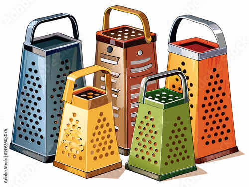 A vector illustration of a stainless steel box grater with four different shredding surfaces, isolated on a white background