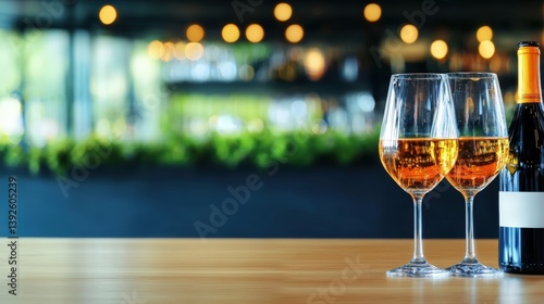 Elegant display of two wine glasses filled with white wine alongside a wine bottle on a wooden table with a blurred bar background ideal for events