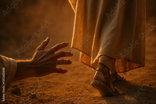 Reaching for a miracle: hand stretches toward Jesus on dusty path at sunset
