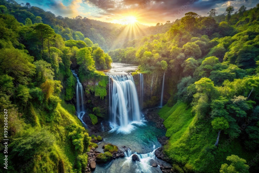 Fototapeta premium Majestic Waterfall Deep Forest Nature Photography, Lush Green Canopy, Cascading Water, Tranquil Scene, Forest Waterfall Image